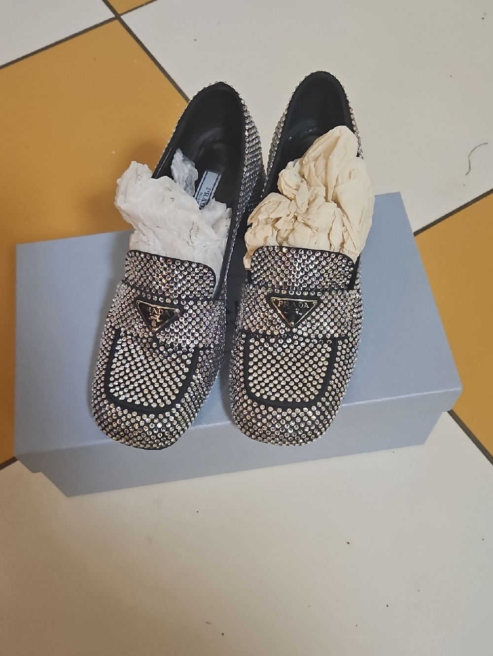 Prada Black Loafers with Silver Crystal Studs